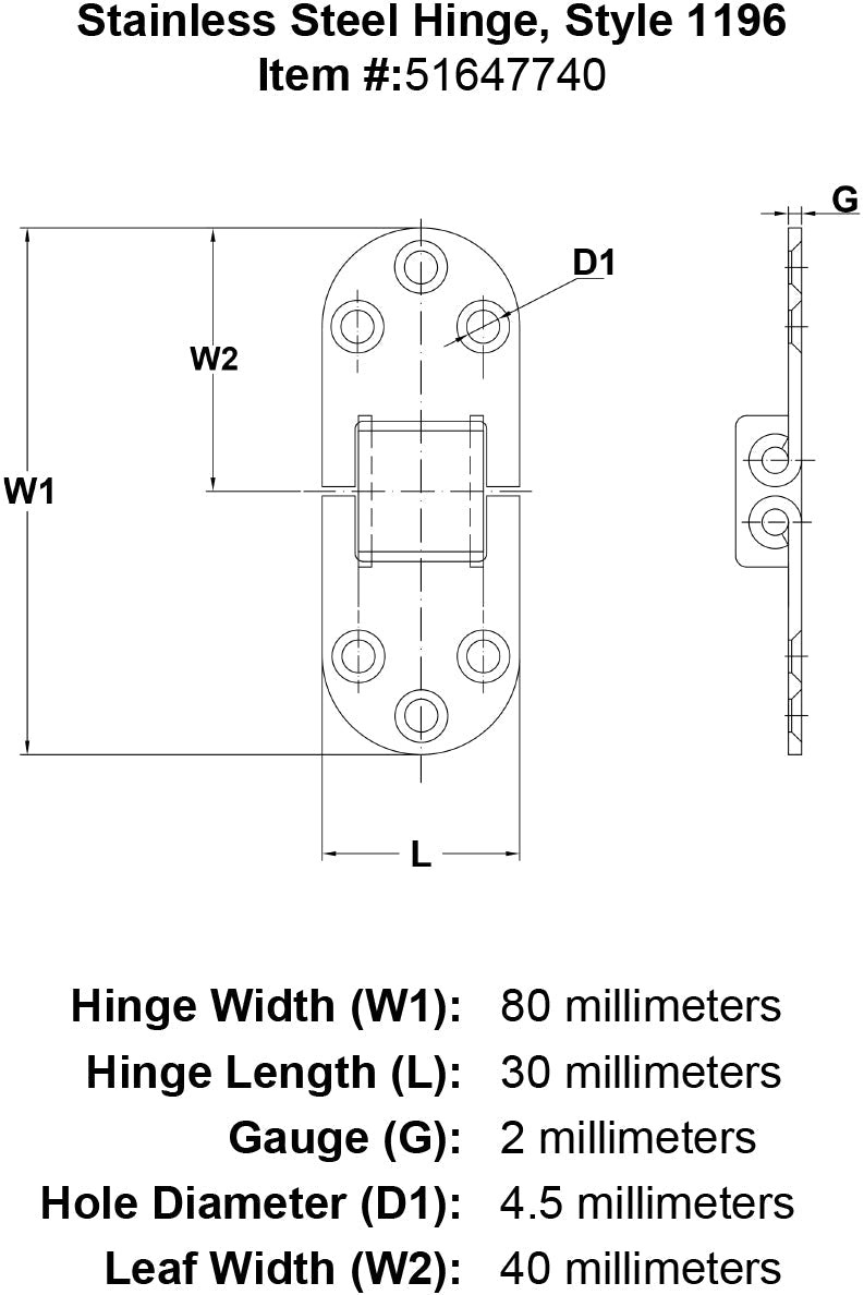 Stainless Steel Hinge Style 1196 specification diagram