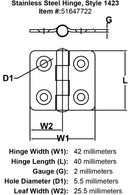 Stainless Steel Hinge Style 1423 specification diagram