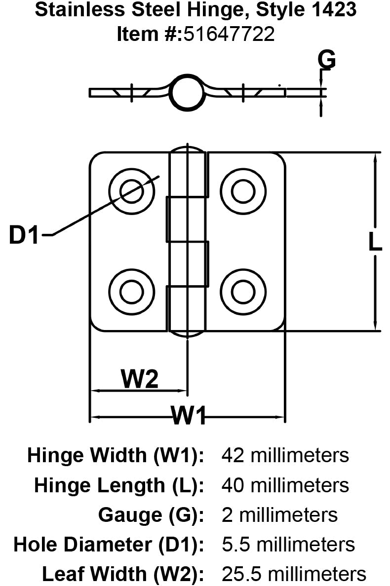 Stainless Steel Hinge Style 1423 specification diagram
