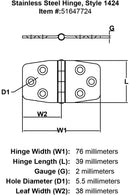 Stainless Steel Hinge Style 1424 specification diagram