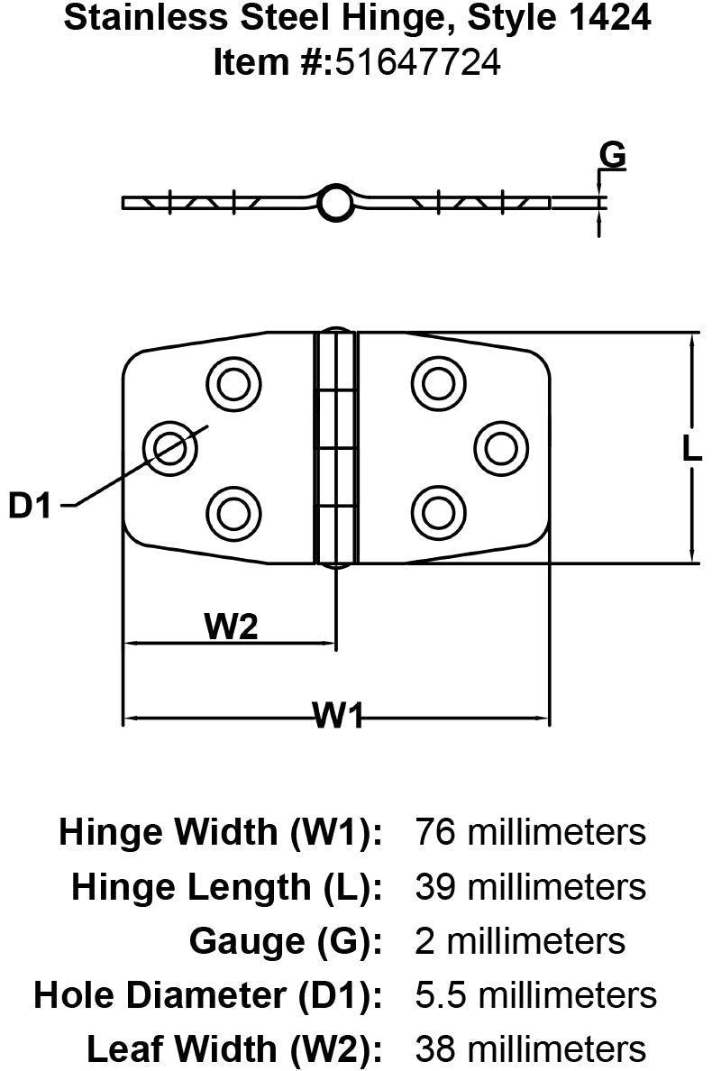 Stainless Steel Hinge Style 1424 specification diagram