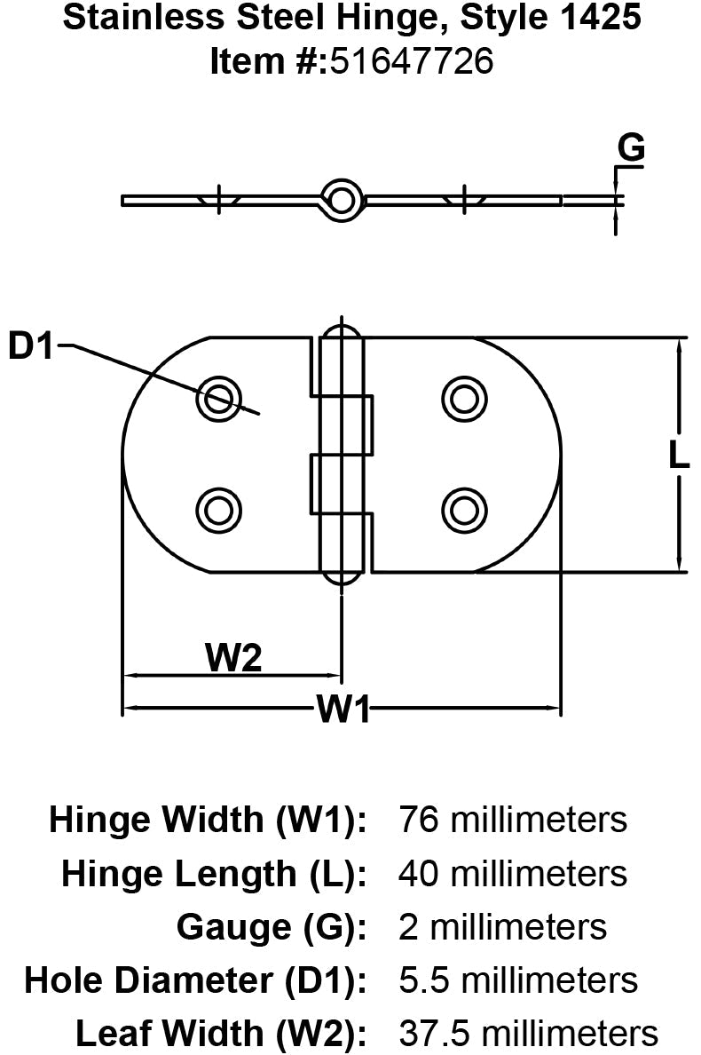 Stainless Steel Hinge Style 1425 specification diagram