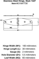 Stainless Steel Hinge Style 1427 specification diagram