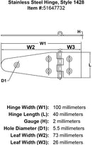 Stainless Steel Hinge Style 1428 specification diagram