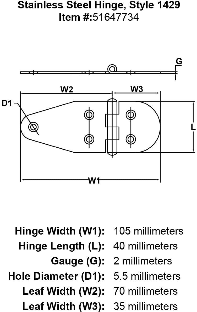 Stainless Steel Hinge Style 1429 specification diagram