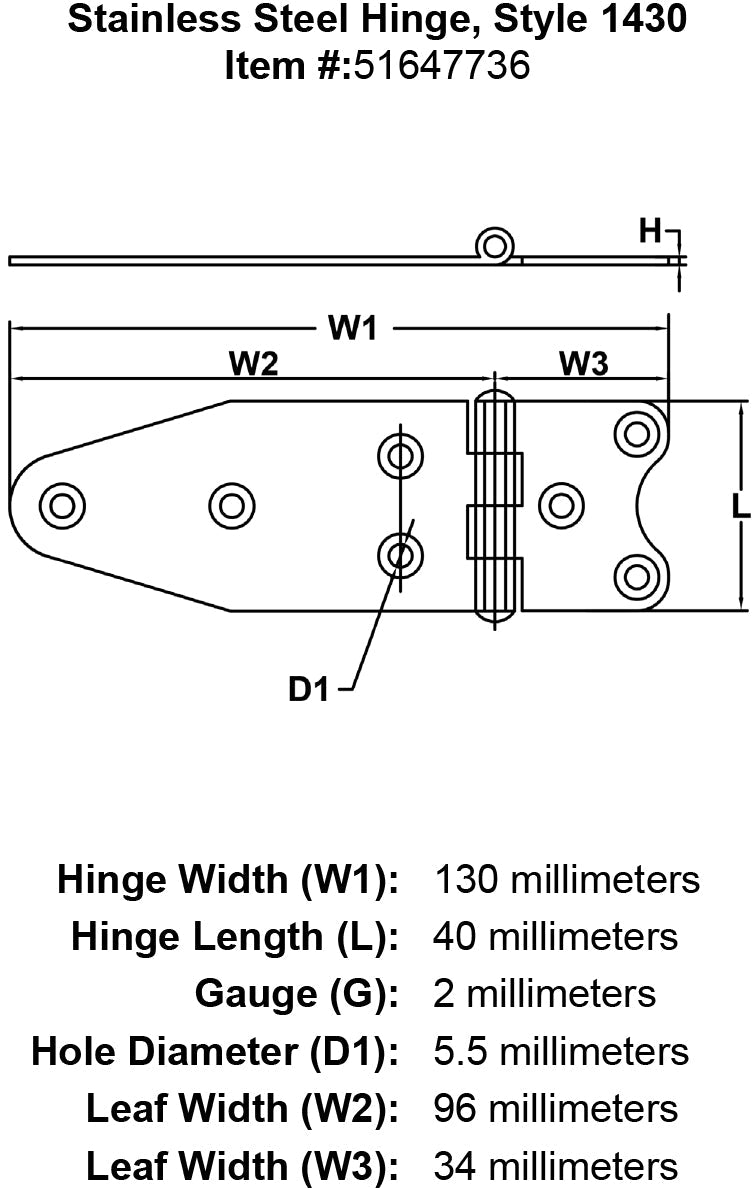 Stainless Steel Hinge Style 1430 specification diagram