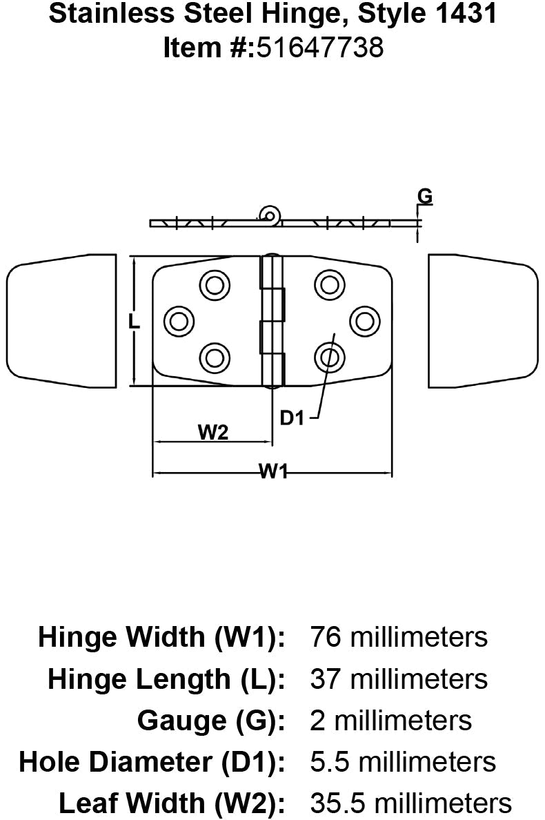 Stainless Steel Hinge Style 1431 specification diagram