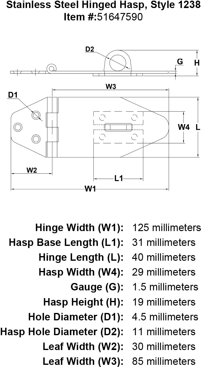 Stainless Steel Hinged Hasp Style 1238 specification diagram
