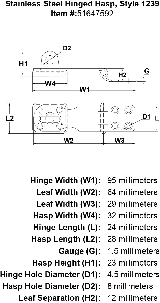 Stainless Steel Hinged Hasp Style 1239 specification diagram