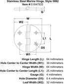 Stainless Steel Marine Hinge Style 0992 specification diagram