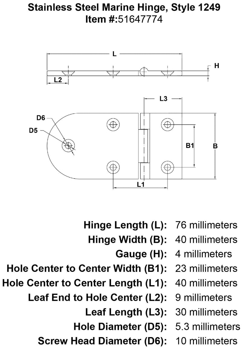 Stainless Steel Marine Hinge Style 1249 specification diagram