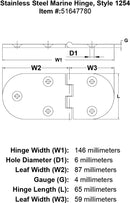 Stainless Steel Marine Hinge Style 1254 specification diagram