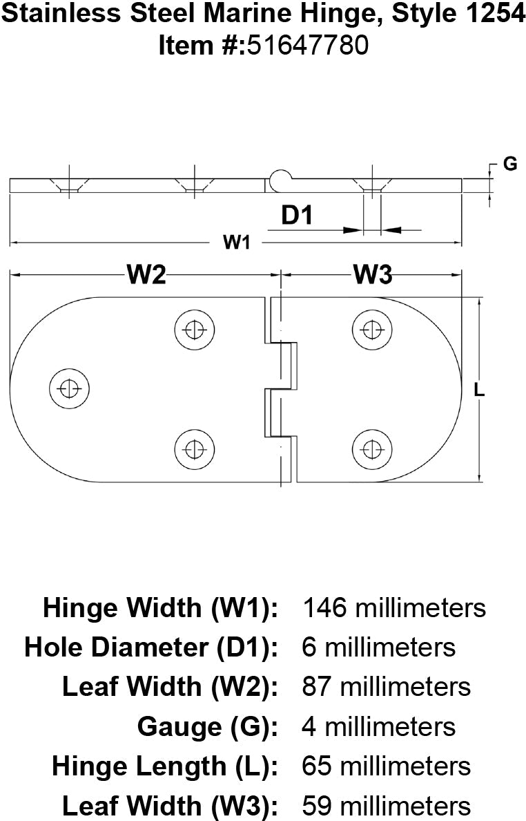 Stainless Steel Marine Hinge Style 1254 specification diagram