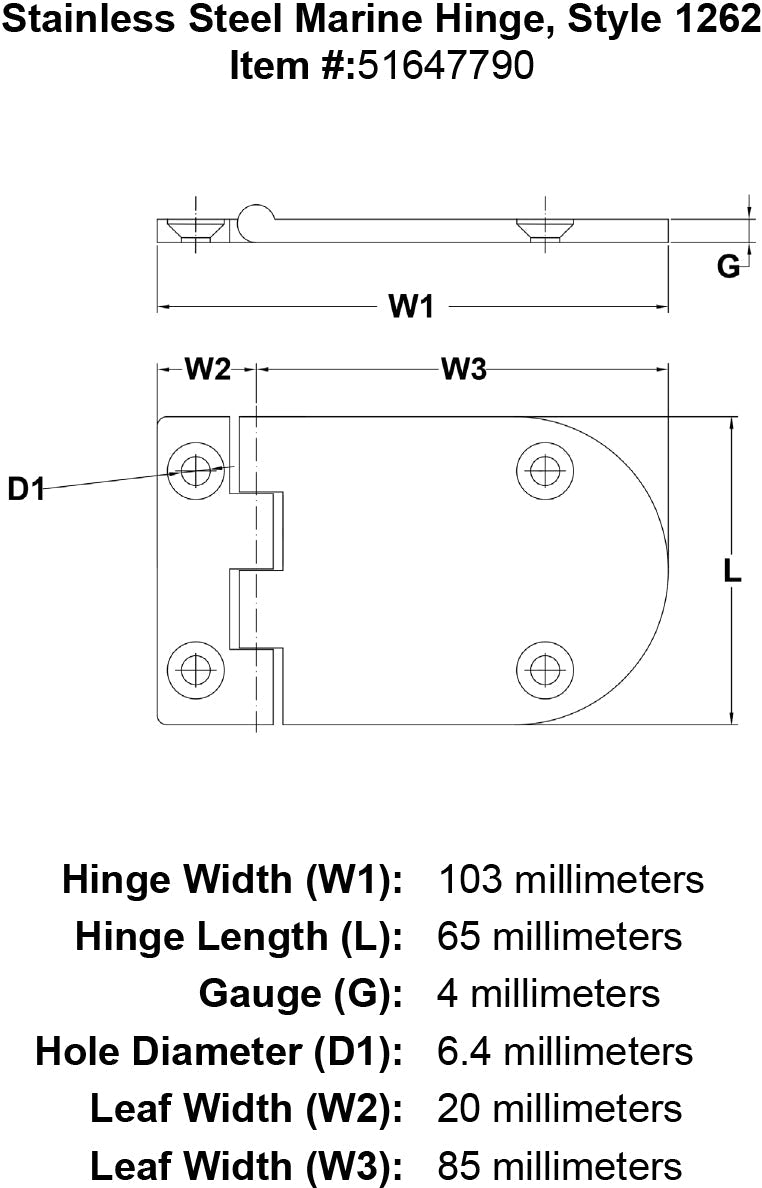 Stainless Steel Marine Hinge Style 1262 specification diagram