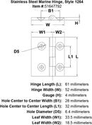 Stainless Steel Marine Hinge Style 1264 specification diagram