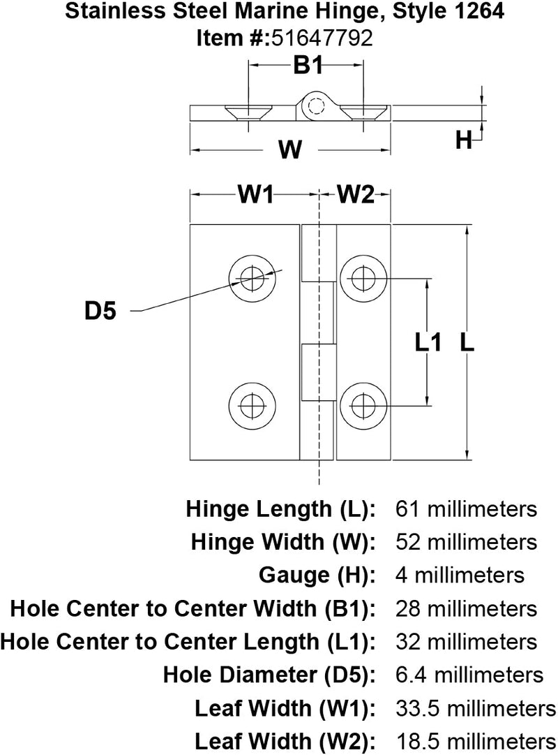 Stainless Steel Marine Hinge Style 1264 specification diagram
