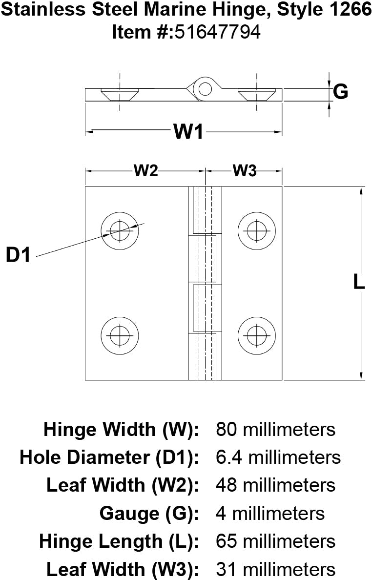 Stainless Steel Marine Hinge Style 1266 specification diagram