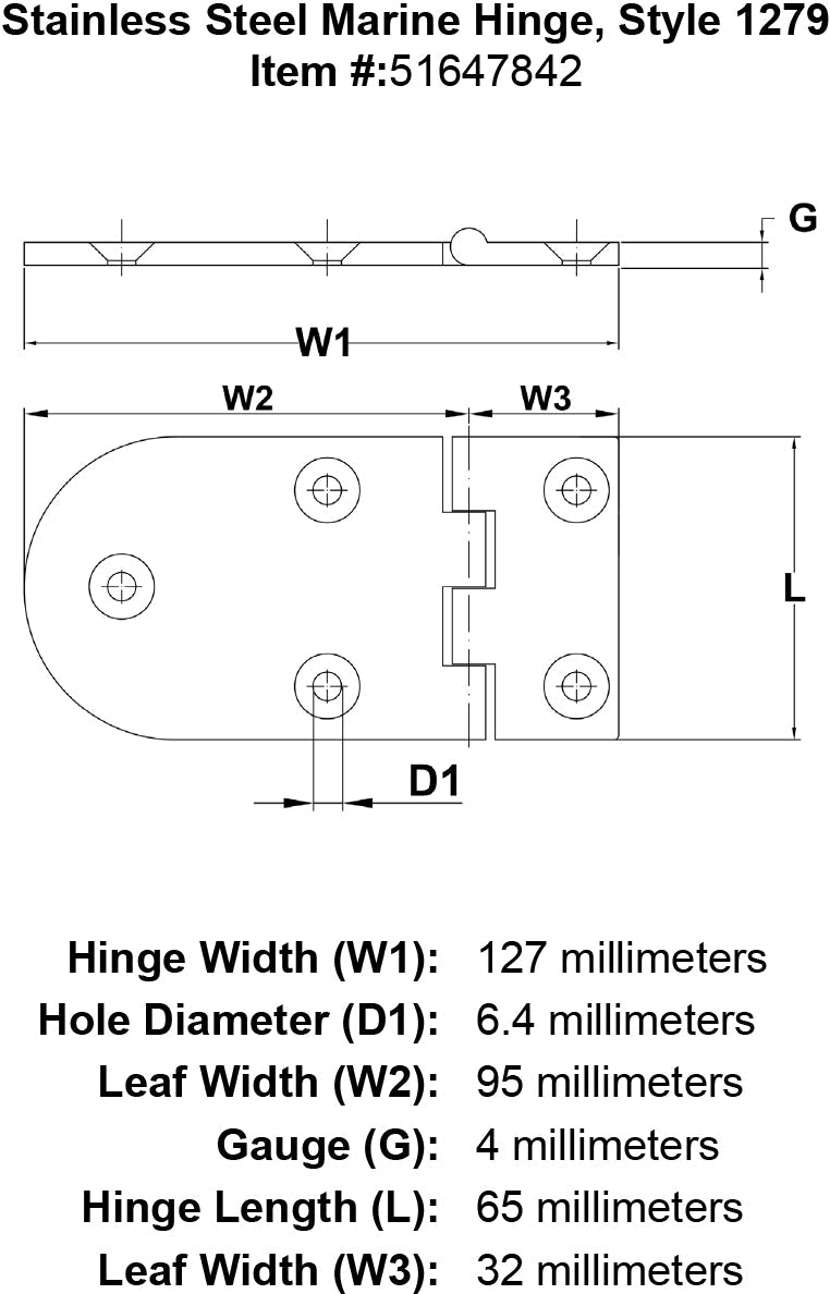 Stainless Steel Marine Hinge Style 1279 specification diagram
