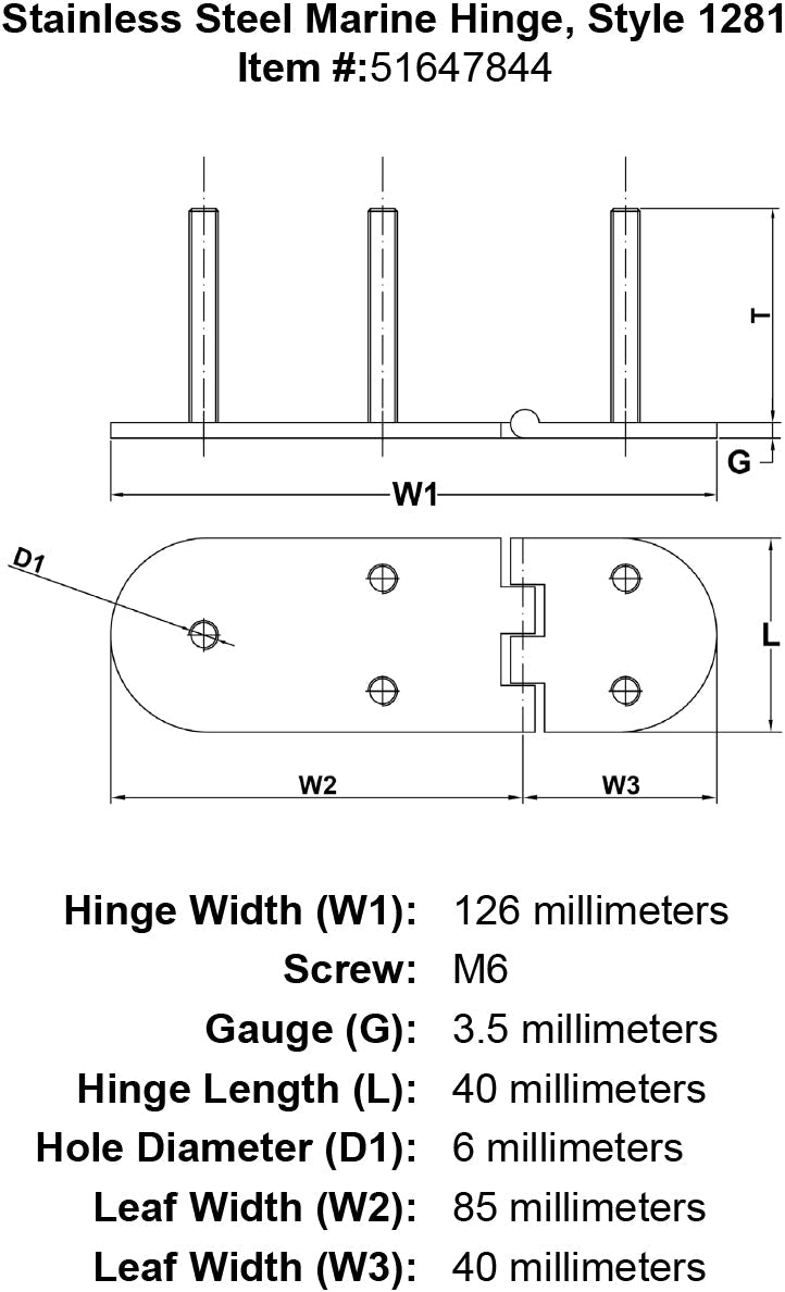Stainless Steel Marine Hinge Style 1281 specification diagram