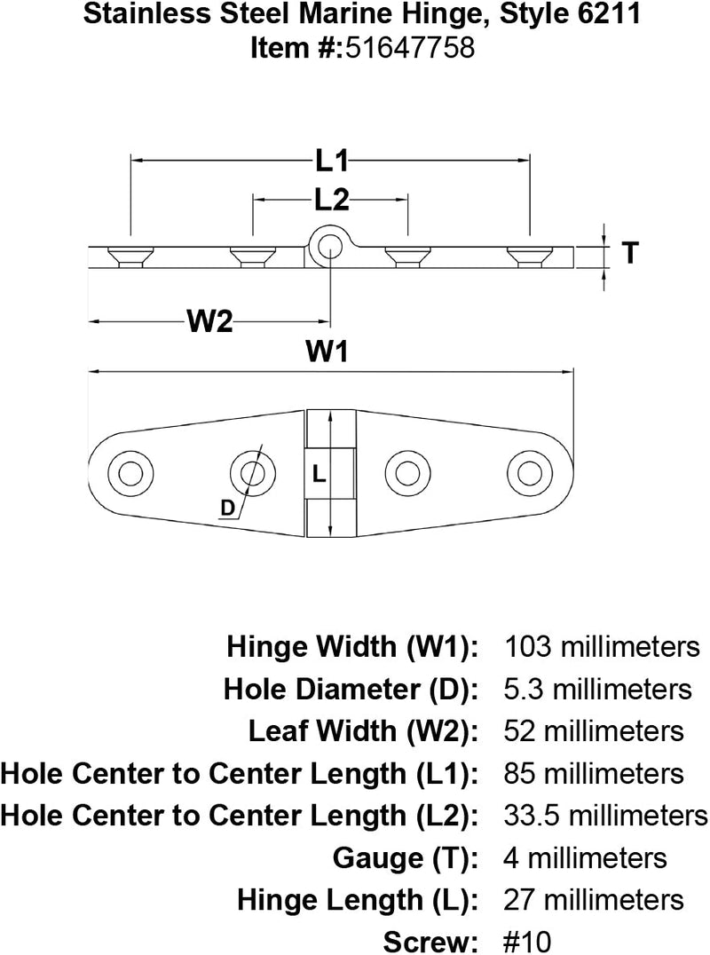 Stainless Steel Marine Hinge Style 6211 specification diagram