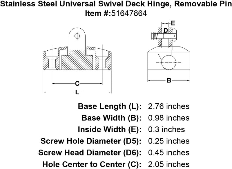 Stainless Steel Universal Swivel Deck Hinge Removable Pin specification diagram