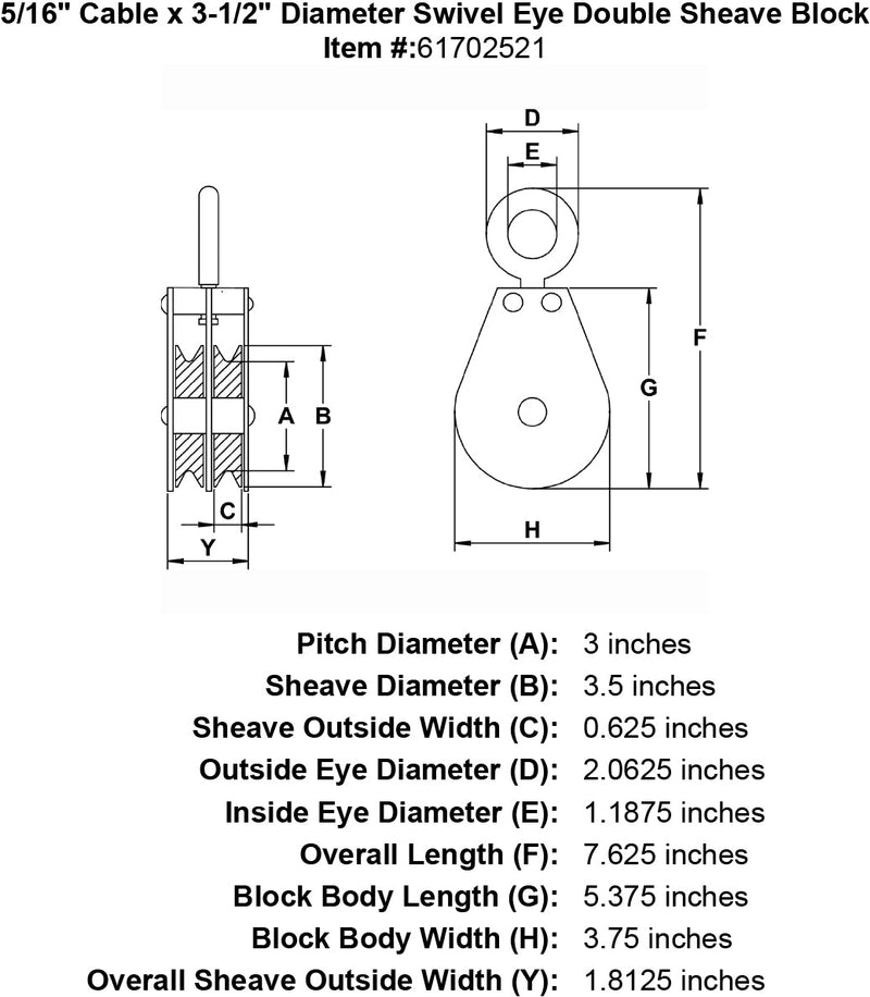 double sheave five sixteenths inch hd swivel eye block specification diagram
