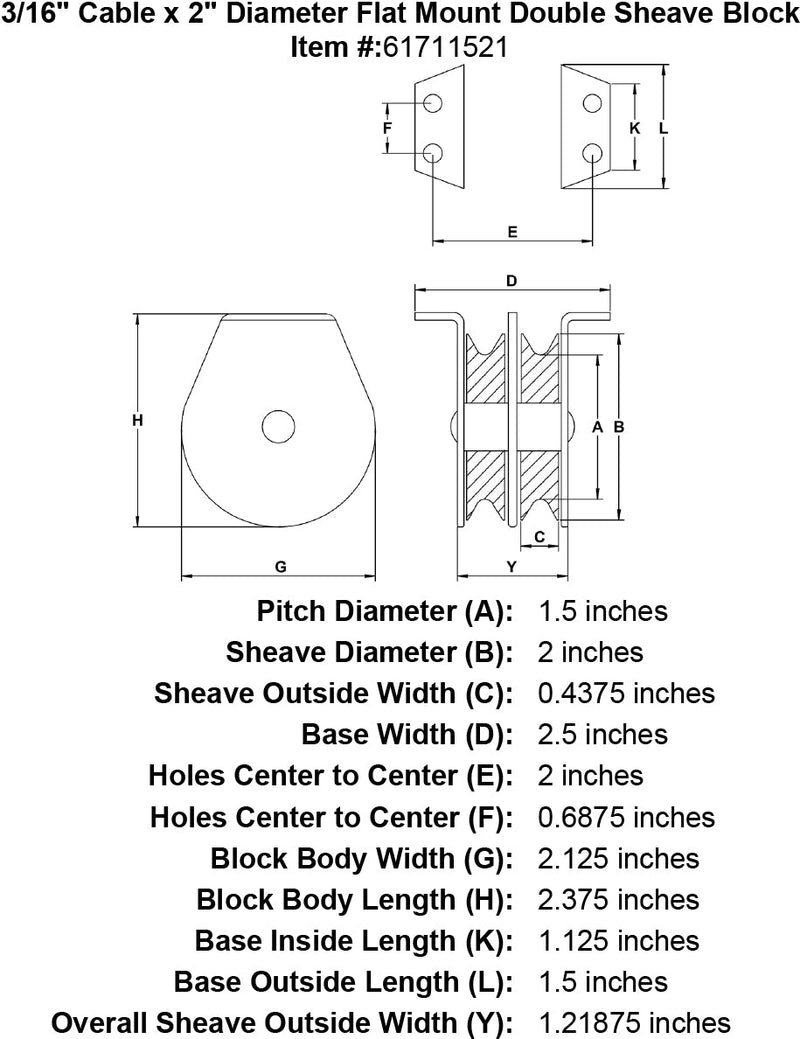 double sheave three sixteenths inch hd flat mount block specification diagram