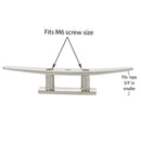 eight inch Stainless Steel Low Flat Deck Cleat Style A screw and rope size graphic