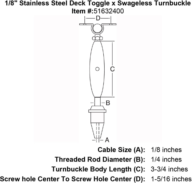 eighth inch stainless steel deck toggle swageless turnbuckle specification diagram