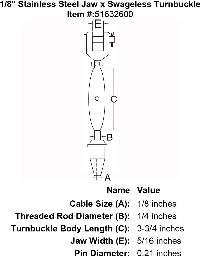eighth inch stainless steel jaw swageless turnbuckle specification diagram