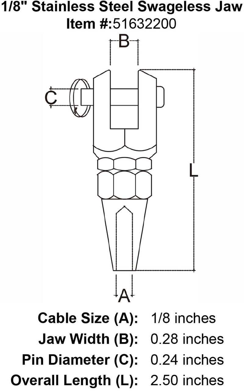 eighth inch stainless steel swageless jaw specification diagram
