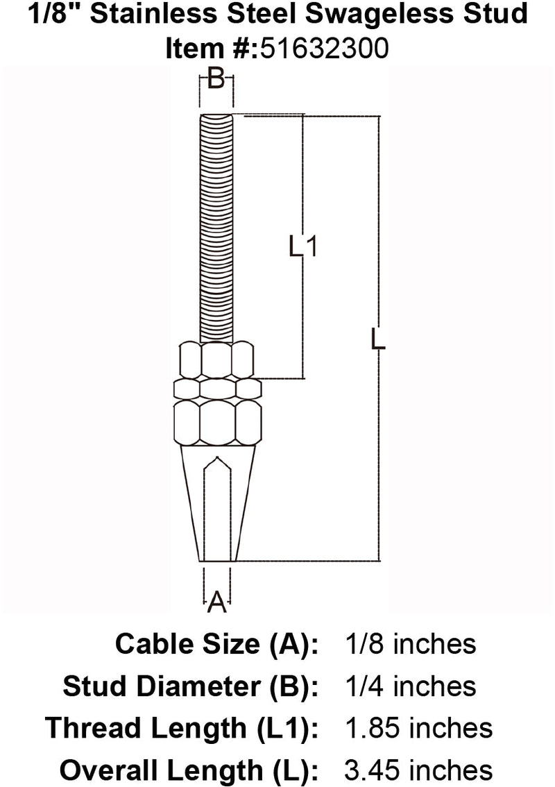 eighth inch stainless steel swageless stud specification diagram