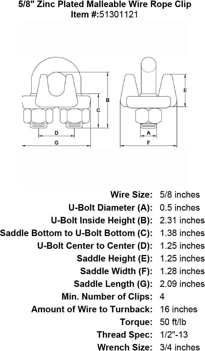 five eighths inch Malleable Wire Rope Clip specification diagram