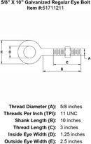 five eighths inch X 10 inch Eyebolt specification diagram