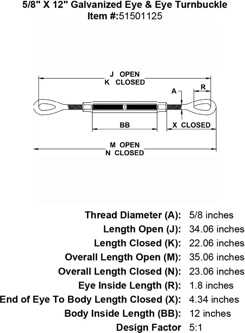 five eighths inch X 12 inch Eye Eye Turnbuckle specification diagram
