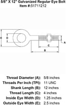 five eighths inch X 12 inch Eyebolt specification diagram
