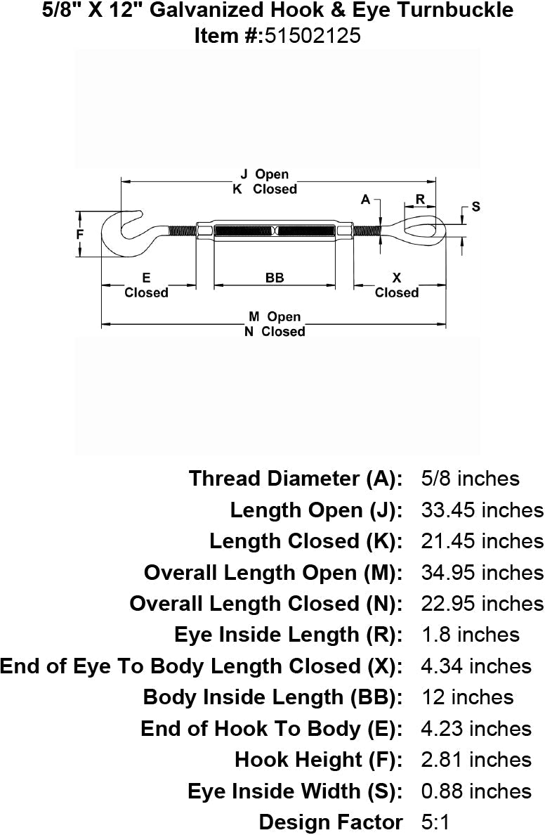 five eighths inch X 12 inch Hook Eye Turnbuckle specification diagram