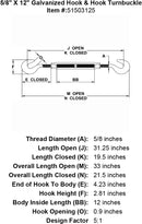 five eighths inch X 12 inch Hook Hook Turnbuckle specification diagram