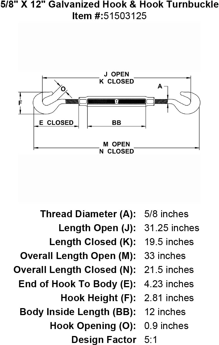 five eighths inch X 12 inch Hook Hook Turnbuckle specification diagram