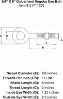 five eighths inch X 6 inch Eyebolt specification diagram