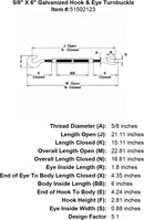 five eighths inch X 6 inch Hook Eye Turnbuckle specification diagram