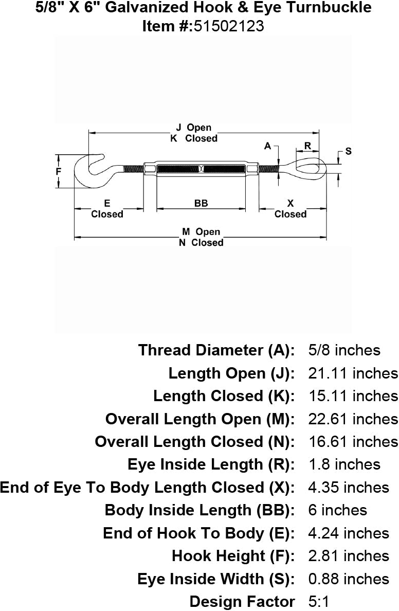 five eighths inch X 6 inch Hook Eye Turnbuckle specification diagram