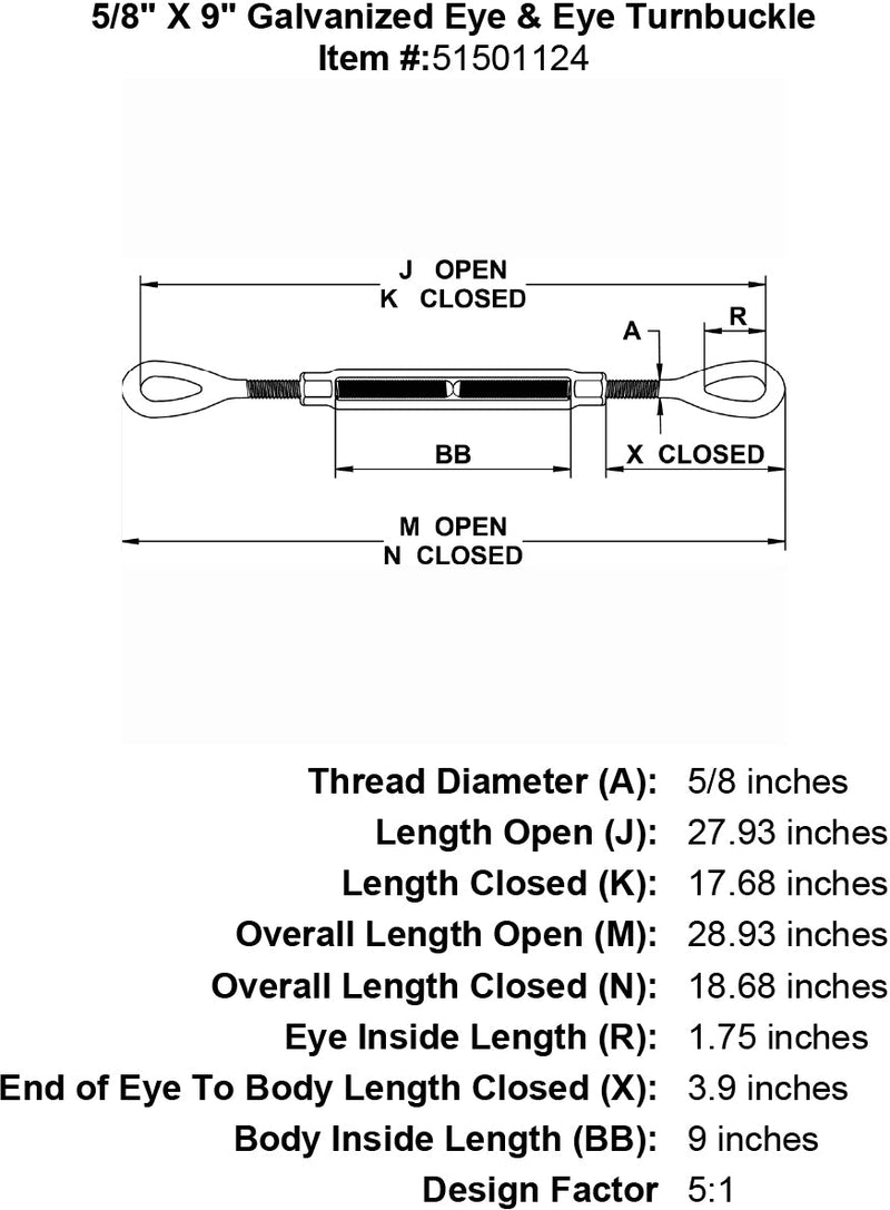 five eighths inch X 9 inch Eye Eye Turnbuckle specification diagram