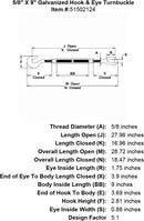 five eighths inch X 9 inch Hook Eye Turnbuckle specification diagram
