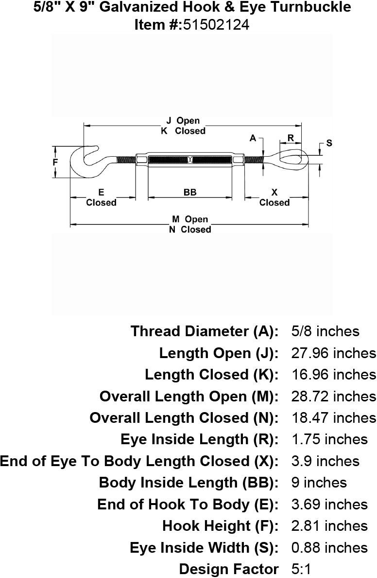 five eighths inch X 9 inch Hook Eye Turnbuckle specification diagram