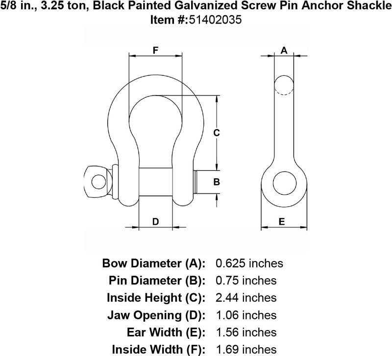 five eighths inch black screw pin shackle specification diagram
