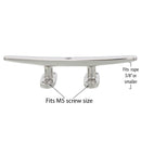 five inch Stainless Steel Low Flat Deck Cleat Style B screw and rope size graphic