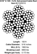 five sixteenths X 100 foot Galvanized Cable specification diagram