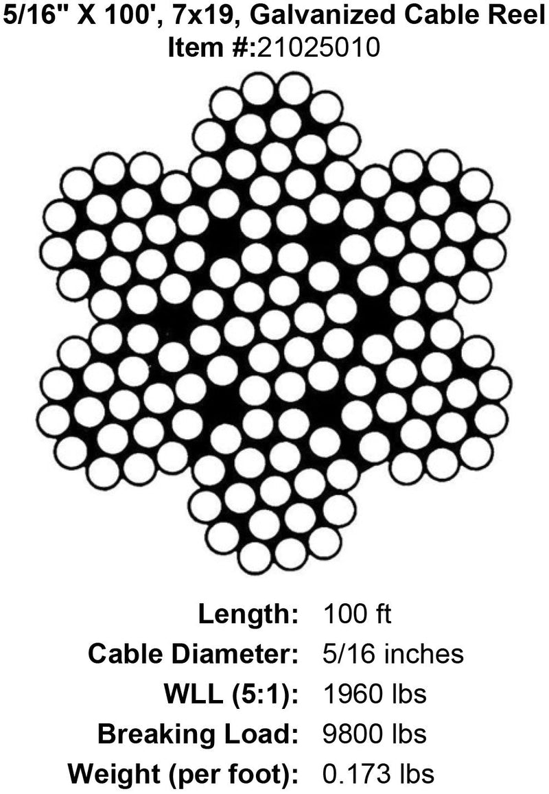 five sixteenths X 100 foot Galvanized Cable specification diagram