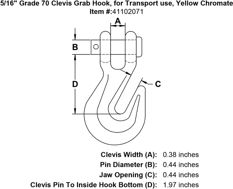 five sixteenths inch Grade 70 Clevis Grab Hook specification diagram